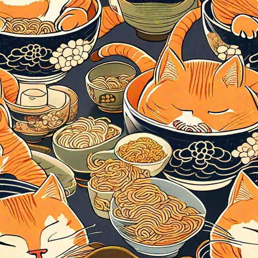 Prompt: detailed orange cat looking to a bowl of noodles japanese art avatar
