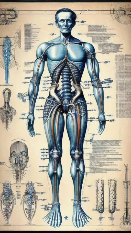 Prompt: technical drawing blueprint Futurism art style infographics exploded view of  biomechanical vascular system of abraham lincoln's body by hr giger  retro, infographics, marginalia, detailed exploded view, 1950's popular mechanics poster, retrofuturistic, cross-section, internal workings 
