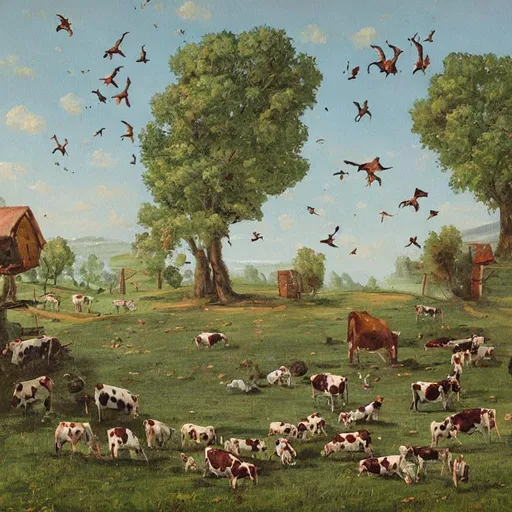 Prompt: A painting of a pasture with cows eating upside down with no gravity and trees sitting at a table playing cards while birds fly backwards and houses floating in the air in the background humans living three dimensional 