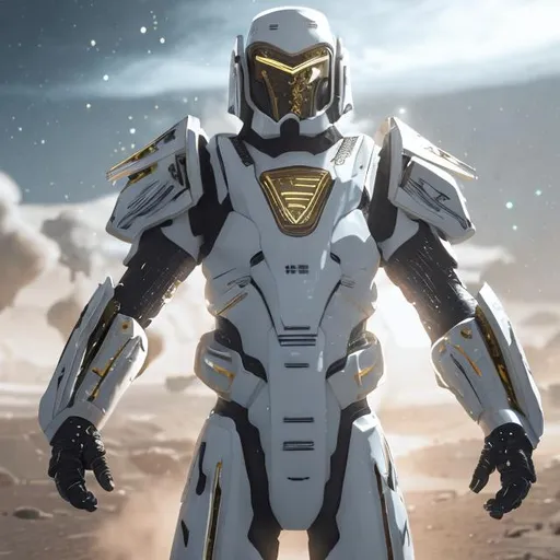 Prompt: Soldier wearing white and gold futuristic armor and with energy sword. 8k, hyperrealistic, sharp, futuristic, , space.