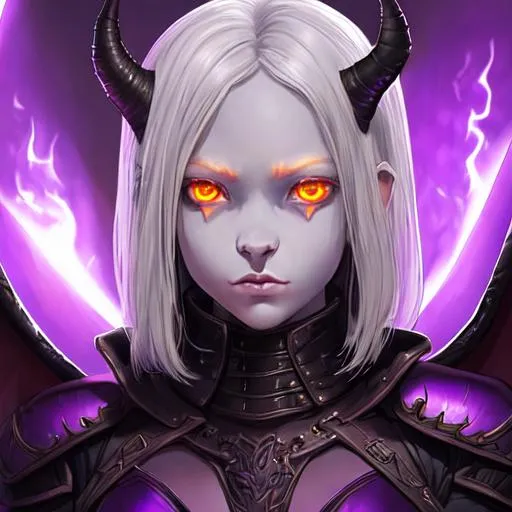 Prompt: Portrait of a scared, innocent, beautiful, adolescent tiefling girl. Flame-colored eyes, bat wings very dark ash-colored skin. Leather armor and  two psionic daggers that are glowing light purple