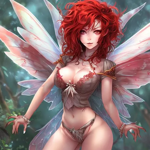 Prompt: Red wild hair, fairy, triple sized sharp birdlike eyes, full body, gorgeous,well endowed, very female, clothed