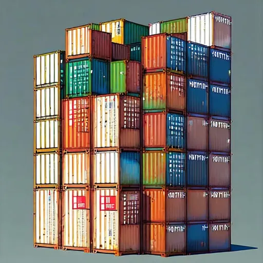 Prompt: A close-up view of a 20ft standard container, with its doors open to reveal its contents – stacks of boxes filled with various products ready for export or import. Art Style Note: This image should be rendered in a minimalist art style, focusing on sharp lines and flat colors to create contrast between the image’s various elements.