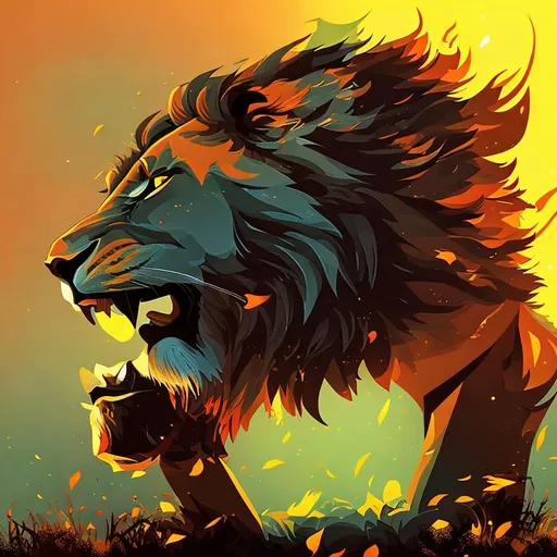 Prompt: lion, fire, roaring, sparks, dark background, trees, night sky
