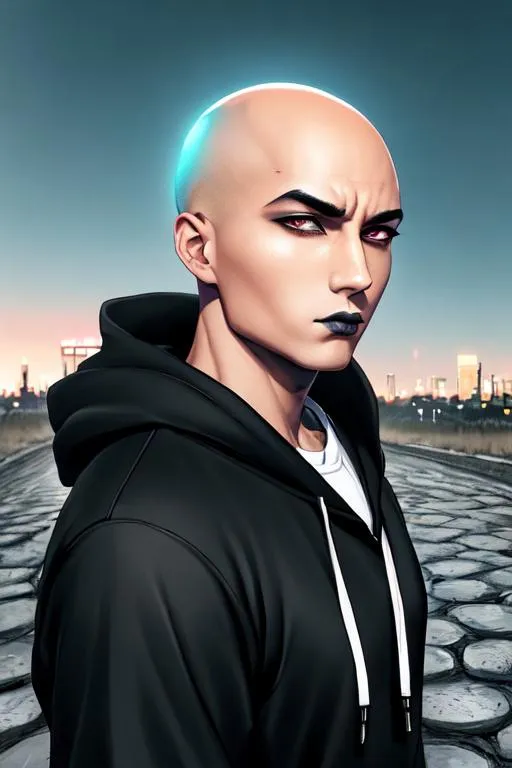 Prompt: 1bald head man, anime, oil color masterpiece, realistic,

brooding sad emo bald head man anime  concept art masterpiece,
lot of hair, eyeliner, black lipstick, wearing a hoodie,

outside standing on cobblestone in a field, night, evening, twilight, paste neon streaks in the sky, pastel neon lights in the sky, spotlight, colorsplash, sunbeam, sunray, ray of light, light from above, 

hyper realistic masterpiece, highly contrast water color pastel mix, sharp focus, digital painting, pastel mix art, digital art, clean art, professional, contrast color, contrast, colorful, rich deep color, studio lighting, dynamic light, deliberate, concept art, highly contrast light, strong back light, hyper detailed, super detailed, render, CGI winning award, hyper realistic, ultra realistic, UHD, HDR, 64K, RPG, inspired by wlop, UHD render, HDR render