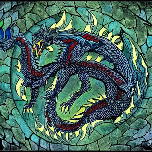 prompthunt: The exterior of the house is covered in colorful scales,  inspired by a dragon. The windows are large and oval-shaped, like a  dragon's eyes. There are two big doors that resemble