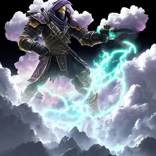 Prompt: sci-fi armoured ninja
 god in an electric aura yeilding a purple flaming sword in front of a snowy mountain with thunder fighting a dark spirit dragon