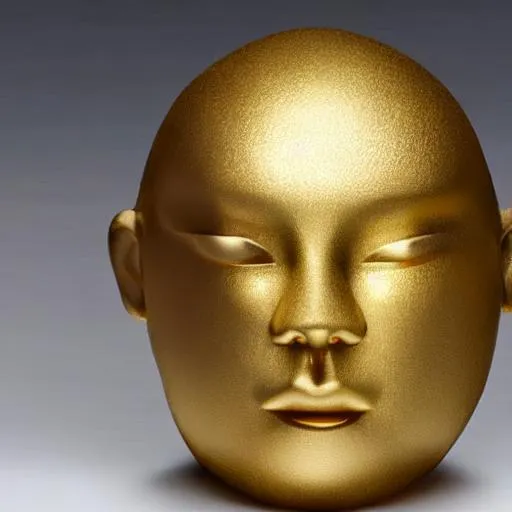 Prompt: a smooth gold genderless ball like human face sculpture with elongated chin with lack under eyes