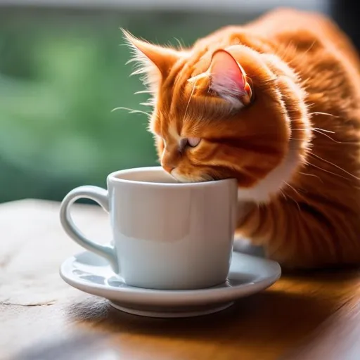 Prompt: Ginger Cat  drinking coffee