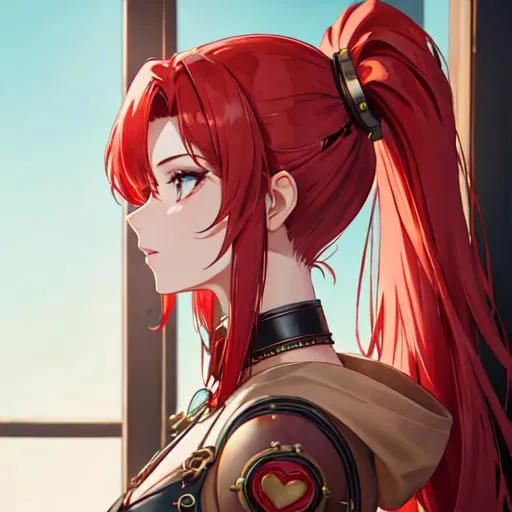 Prompt: Haley with bright red hair pulled back, side profile, wearing a heart locket, steampunk