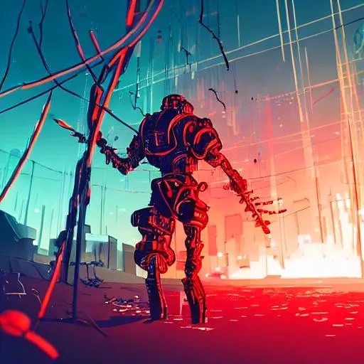 Prompt: Red cyberpunk warrior robot walking through fire and wires
