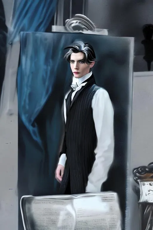 Prompt: Imagine Dorian Gray, the character from the Victorian era, in a futuristic or modern setting. Create an image of Dorian Gray as he would appear in the 21st century, with contemporary clothing, hairstyles, and technology.