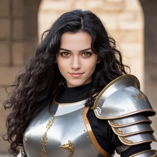 Prompt: young woman, sharp face, long curly black hair, plate armor, amber eyes, happy