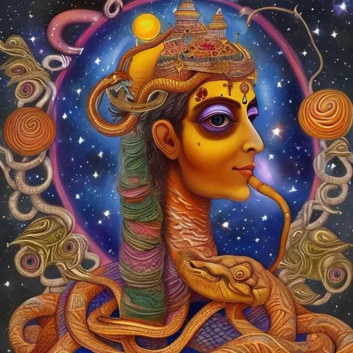 Prompt: A cosmic being whose neck is surrounded by rudaraksh , deep beautify eyes and a long neck covered by a beautify snake, whose body is covered by the dust of ash.