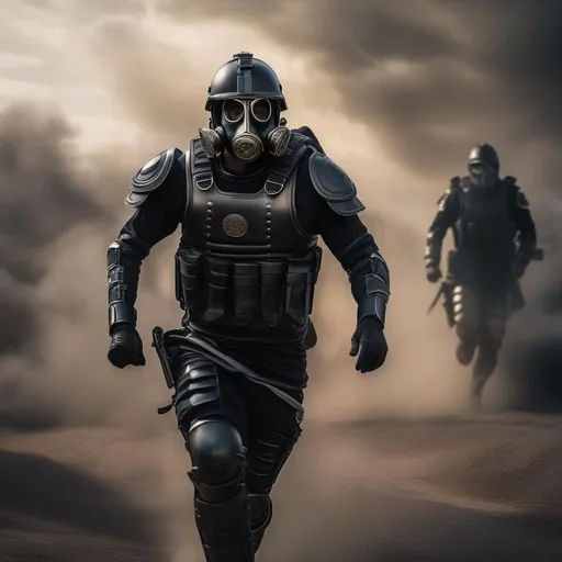 Prompt: A modern roman military male in black military roman armor, and gas mask, running, background sci fi war, Hyperrealistic, sharp focus, Professional, UHD, HDR, 8K, Render, electronic, dramatic, vivid, pressure, stress, nervous vibe, loud, tension, traumatic, dark, cataclysmic, violent, fighting, Epic