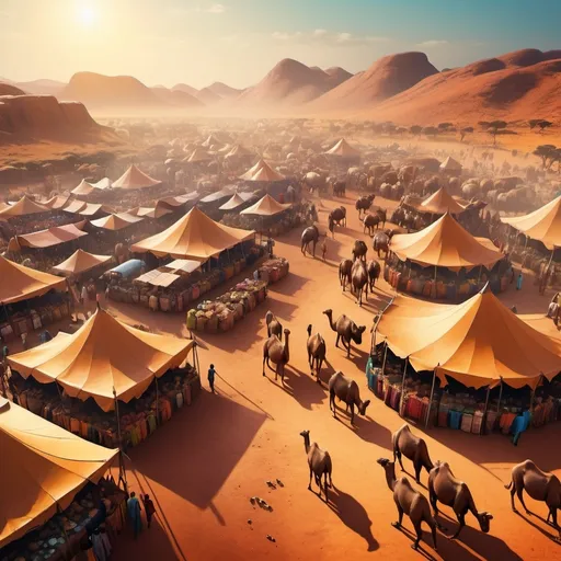 Prompt: huge vibrant african fantasy livestock marketplace with small market tents, cattle and camels, fantasy setting, colorful, high-quality, africa, fantasy, vibrant colors, marketplace, birdview, professional, cinematic atmosphere, atmospheric lighting