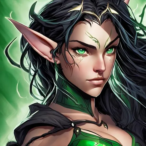 Prompt: Half-elf woman, paladin, black hair, beautiful face, green symmetrical eyes, green armor, bare breasted, style of J Scott Campbell 