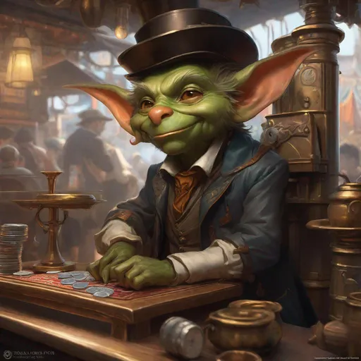 Prompt: 3-quarters portrait of a goblin sitting behind a betting stand, hand out for money, steampunk, highly detailed, digital painting, art by Stanley Lau and Artgerm and magali villeneuve and Alphonse Mucha, artstation, octane render, cgsociety
