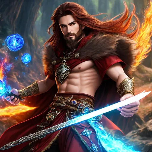 Prompt: Fantasy style, a hyper realistic detailed image of combative druid, male elf, brown goatee, spellsword, looking straight ahead, body facing camera, camera top third of image, perfect composition, super detailed, sharp focus HDR, UDR, 120k, red and black robes, fur collar, long straight windblown shiny brown hair, radient blue eyes, in a mountain forest fantasy background, dragon familiar, dragon in background, dragon magic