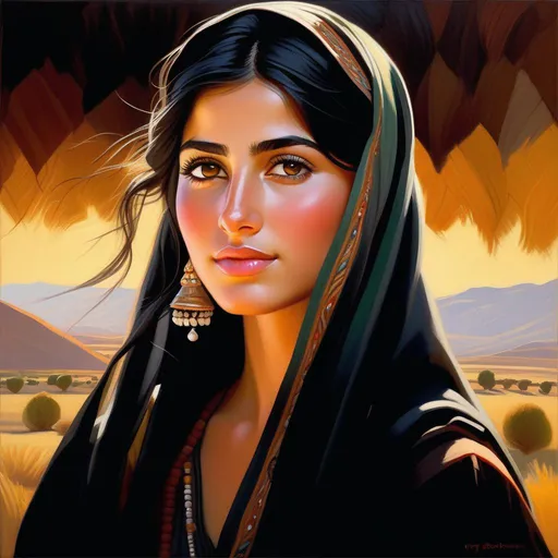 Prompt: Pashtun girl, pale olive skin, black hair, dark brown eyes, in Northern Pakistan, cartoony, sunny atmosphere, extremely detailed painting by Greg Rutkowski and by Henry Justice Ford and by Steve Henderson