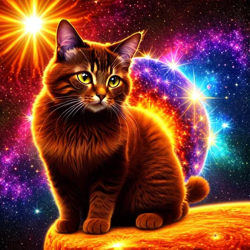 Prompt: full color fulia clusters fractal brown An organic surface generated with Perlin noise and Fractal geometry in space and supernova,  spectacular taby cat, holding the sun so bright in its paw highly-detailed, high resolution, 3d, hd, uhd.