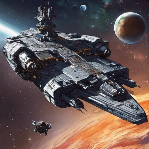 Prompt: side view of a Scifi battleship space ship. frigate spaceship. starblazer art. art-station art. In background planet earth. rpg. rpg art. 2d art. 2d.