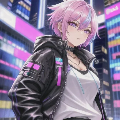 Prompt: cyberpunk woman with Pastel Rainbow white blue short hair,Light Pink eyes, 20 years old, using a jacket black with details pink with blue