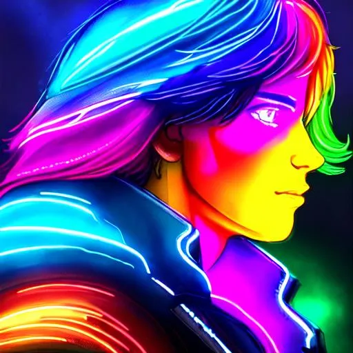 Prompt: Rainbow warrior, heroic, battle scarred, male, colorful, neon lights