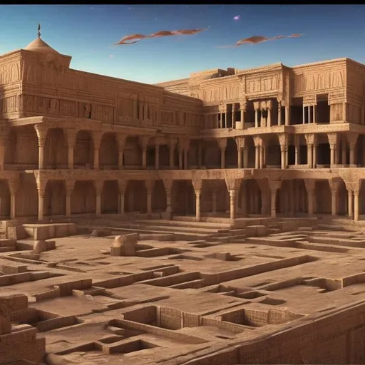 Prompt: Assyrian Khorsabad palace, 721–705 BC, widescreen, infinity vanishing point, galaxy background, surprise easter egg