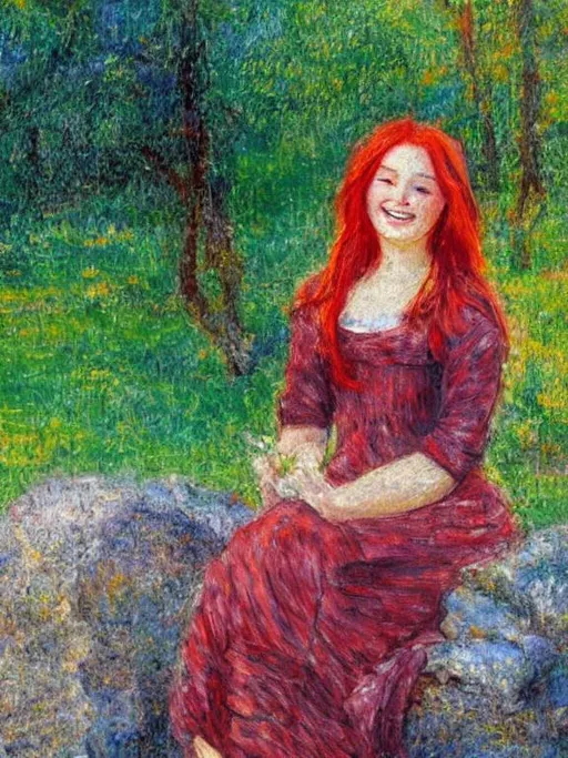 Prompt: Impressionism style painting of a beautiful young woman with red hair looking forward smiling sitting on a stone
