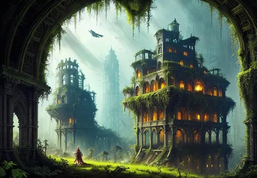 Prompt: dark fantasy flying ship, flying over apocalyptic city, ruins in a massive threatening forest with trees and plants bigger than skyscrapers, vines and moss, throny roots and vines crack through walls, overgrown,   remains of building from a long abandoned city pop out in between the canopy of green, heavily overgrown, twilight darkness, rainy, old factories, overgrown streets, rubble, no lights, desolate odd angle, assymetric, foggy rainy, huge jungle in background, wide angle,