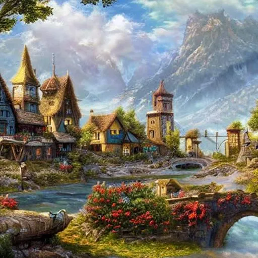 Prompt: Small Town near the river, fantasy, dnd
