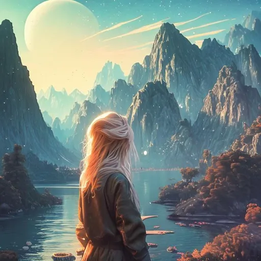 Prompt: (Masterpiece:1.1) (Highly detailed:1.1) (utra realistic), 8K UHD, lo-fi style, (top quality) (depth of field) (cinematic shot), goddess, mountains, riverside, instagram able, moon light background, (supernova explosion), 2D illustration, reflactions, long hair, blonde hair, dark blue eyes, fullbody view, centered.