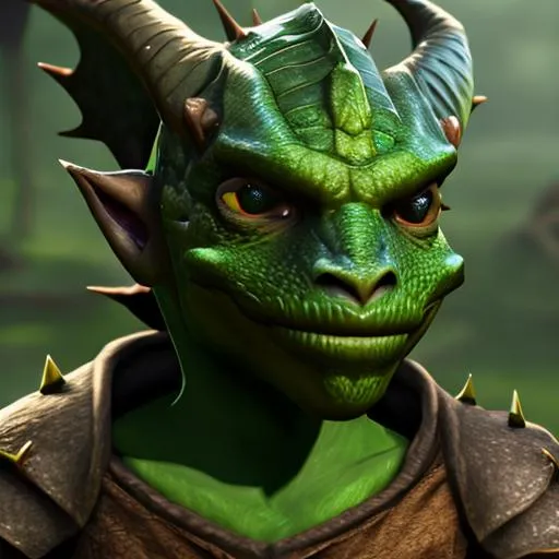 Prompt: green dragonborn child, portrait, D&D, realistic, highly detailed, 4k,