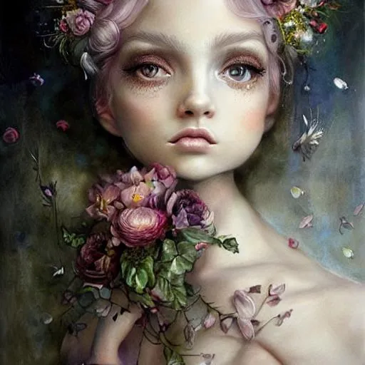 Prompt: nicoletta ceccoli, daniel merriam, fantasy art, renaissance gown, hyper realistic flower bouquet painting, sparkles, Beautiful goddess, Haute Couture, princess dress, beautiful symmetrical face, pre-raphaelite, soft shadows, stunning, dreamy, elegant, ornate, style of michael parks, tom bagshaw, roberto ferri and Marco mazzoni, hyper-realistic, matte painting , enhanced, photo render, 8k, art by artgerm, wlop, loish, ilya kuvshinov, 8 k hyperrealistic, crackles, hyperdetailed, beautiful lighting, detailed background, depth of field, symmetrical face, frostbite 3 engine, cryengine, bubbles, dragonflies, garden of roses and peonies background, ultra detailed, soft lighting