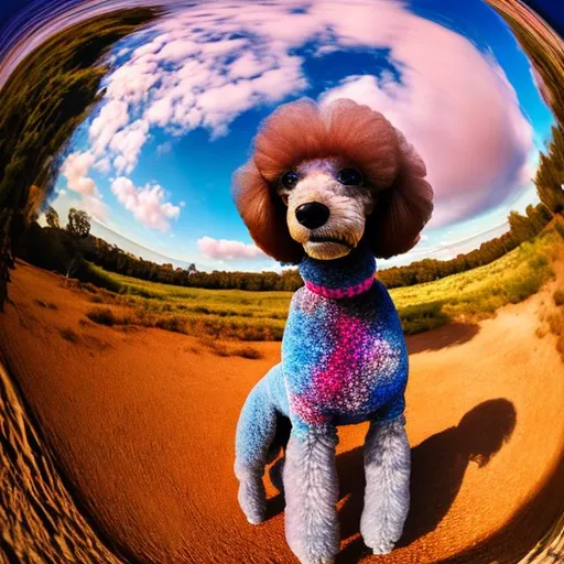 Prompt: portrait of a poodle standing in a landscape, arthouse style, smooth, colorful, fish eye view
