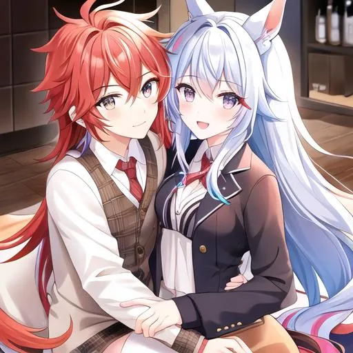 Prompt: Caleb (male) and Haley (horse girl, bright multi-color hair, and eyes)