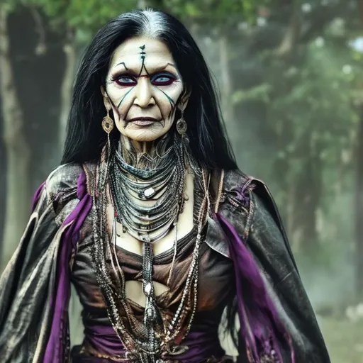 Prompt: Older Indian lady fantasy witchy warlock dressmaker high fashion undead
