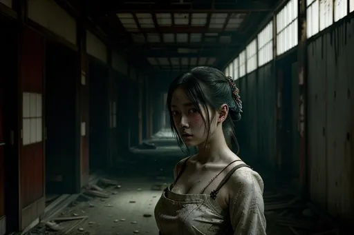 Prompt: a beautiful ukiyo painting of a female ghost girl in a derelict corridor, detailed portrait, intricate complexity, concept art, kusôzu. cinematic dramatic atmosphere, sharp focus