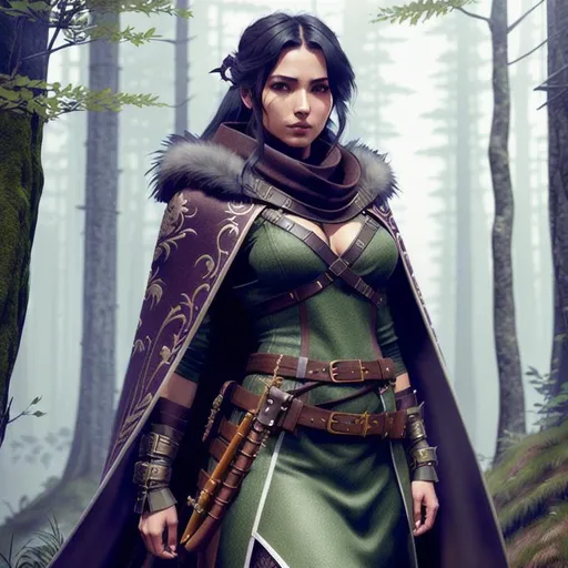 Prompt: high level female fighter adventurer, fantasy, pf 2e, intricate, elegant, long hair, highly detailed, multilayered outfit, belts and pouches, swords and knives, wool scarf,  cloak, cape, leather, wide hips, artstation, octane render, concept art, matte, sharp focus, illustration,  post apocalyptic forest wasteland,  pathfinder 2e, illustration, concept art, digital art, charachter art,
