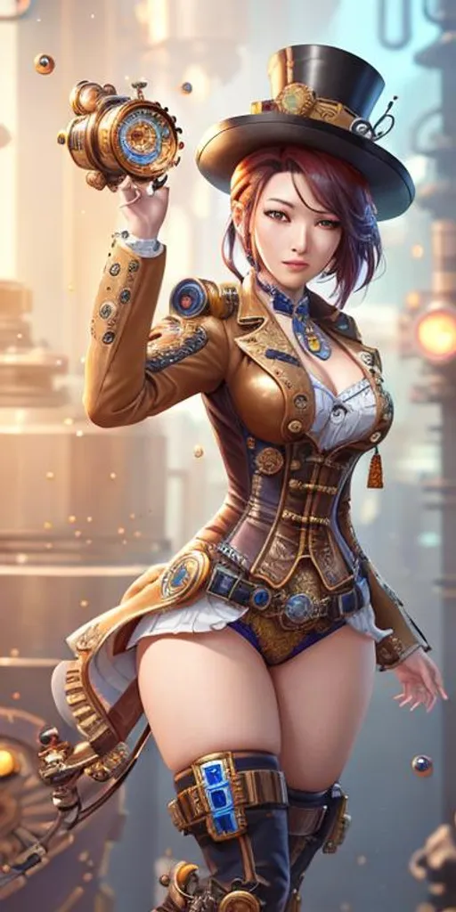 Prompt: steampunk kpop idol, mechanical, excited, symmetrical, perfect composition, hyperrealistic, super detailed, 8k, high quality, Splash art, front, epic Instagram, artstation, hyperdetailed intricately detailed, unreal engine, intricate detail, splash screen, complementary colors, concept art, 8k, heavy strokes, splash arts, full height, full body focus