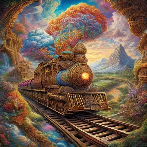 Prompt: ""Majestic prehistoric wooden train passing through a massively spiral railway track; a beautifully colorful and intricately detailed landscape made of clouds" by Josephine Wall and Mahmoud Farshchian; album cover art, 3d liquid art, subsurface scattering, octane, 16k, vivid, hyperrealism"