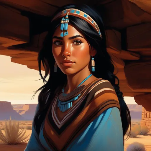 Prompt: Third person, gameplay, ancient Puebloan girl, tan skin, black hair, brown eyes, desert, Pueblo, blue atmosphere, cartoony style, extremely detailed painting by Greg Rutkowski and by Henry Justice Ford and by Steve Henderson 