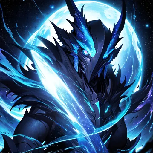 Prompt: monster of the void, black and blue colors, close up, highly detailed, galaxy background, aggressive