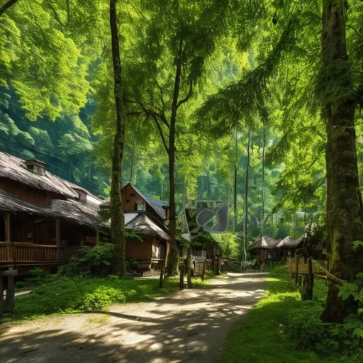 Prompt: Big dark wood village with trail in a lush green forest with beautiful trees, nice daylight, nice weather light blue sky high resolution 4k