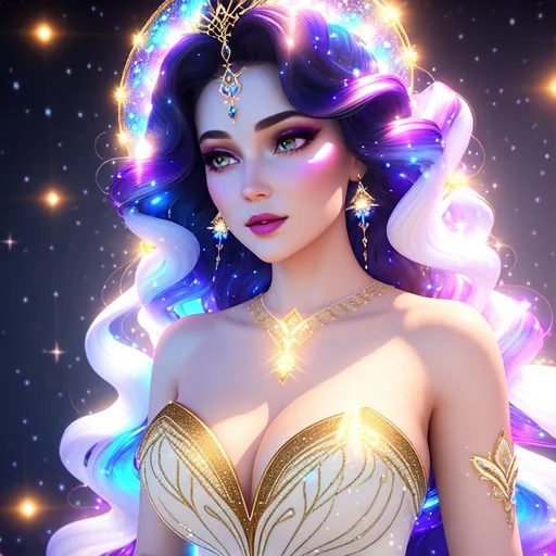 Prompt: Beautiful ethereal girl, ((snow white skin)), magic glowing orbs, ((wearing tight diamantine intricate gown)) ((long bright multi coloured galaxy curly hair)), glowing, trails of light, wisps, soft white skin, slight sparkles, unreal engine 8k octane, 3d lightning, stellar, quartz, gem rain, luminous chest, fantasy