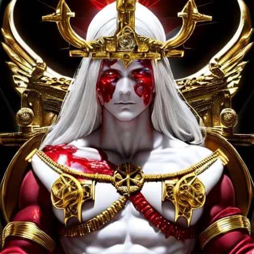 Prompt: clear skin, bleeding minerals, blood, red, gold, god-like figure, diety, divine, evil, on a Throne, War captain