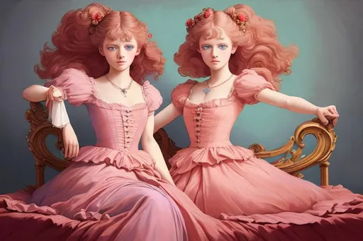 Prompt: highest quality portrait of two  sisters, digital painting, highly-detailed symmetric face, style of Fragonard, cinematic, warm vibrant color palette, blue eyes, florals, blushing, pink, purple, love long hair, short hair, jewelry, bed, legs visible, arms visible, spotlight, red, perfect composition, hyperrealistic, super detailed, 8k, high quality, sharp focus, intricate details, highly detailed, dynamic lighting, detailed and intricate environment, anime artstyle 