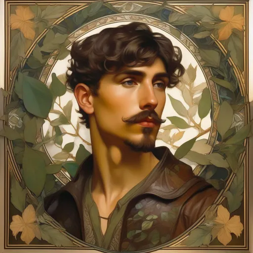 Prompt: A painting portrait of a young male made from plants, slender, delicately built, olive skin, short hair made from leaves and petals and short beard made from leaves, wearing leather cuirass, by Alfons Mucha.