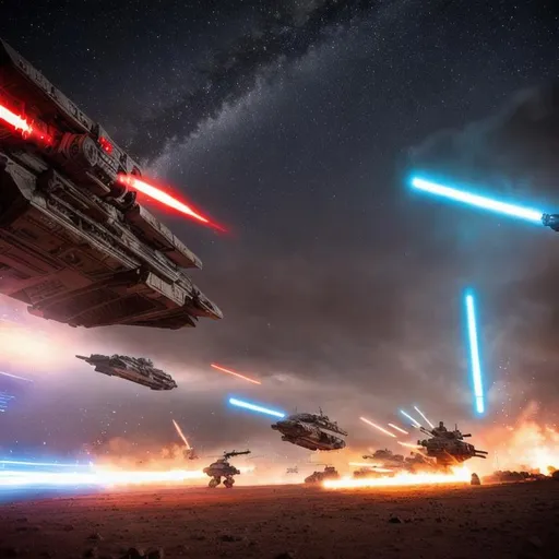 Prompt: Star Wars Battle,long exposure, Big Army  attack, blaster fire